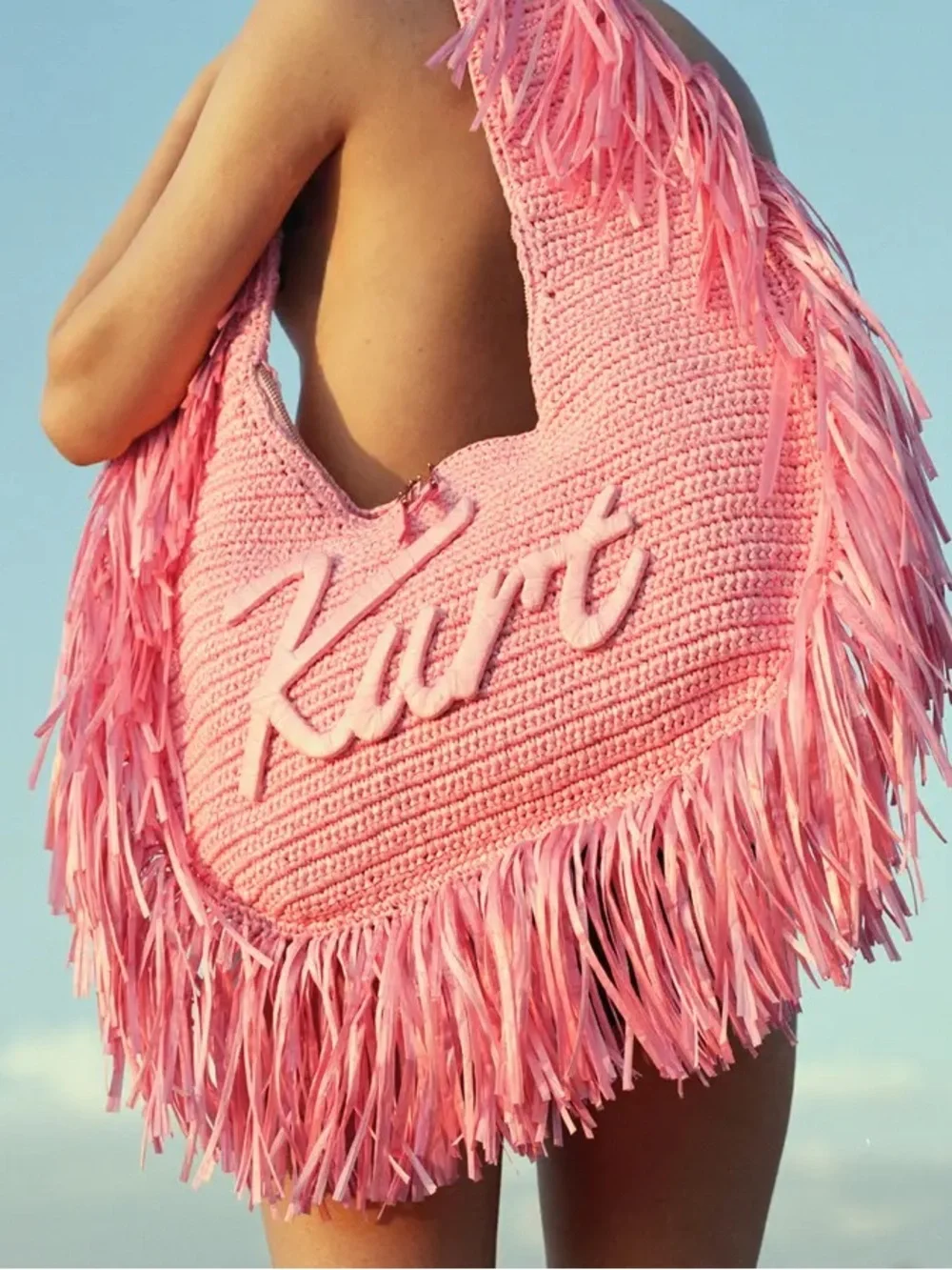 Kurt Geiger Coral Pink Crochet Fringe Hobo Bag